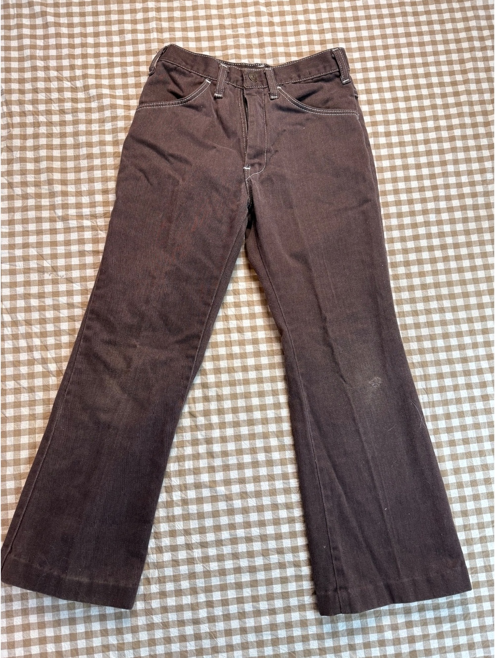 Size 7 Brown 1970s kids Pants with contrast white stitching Pockets